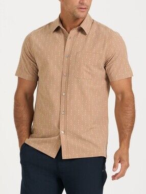 Vuori Men's Bridge Short Sleeve Button Down Shirt Tan Beige XL Arrow Print V184